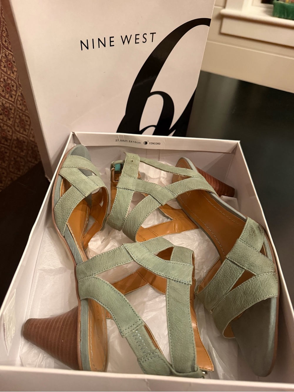 Nine West Light Sage Green Strappy Block Heel Sandals - Picture 2 of 9